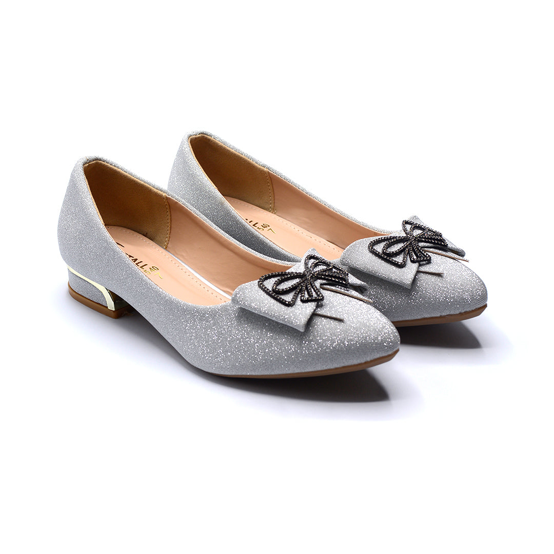 Silver Glitter Bow Pointed-Toe Low-Heel Flats