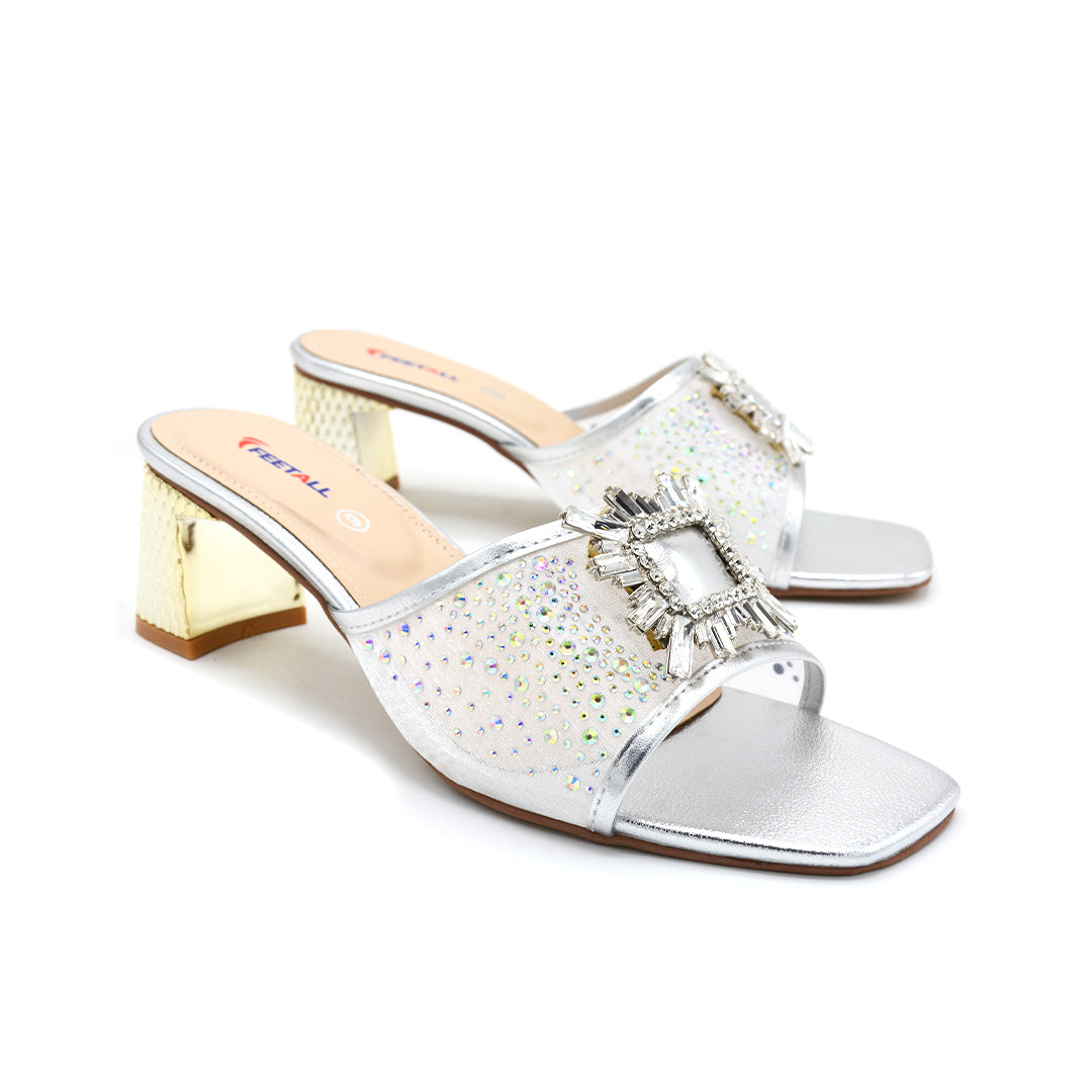 Crystal Brooch Mesh Block Heel Mule