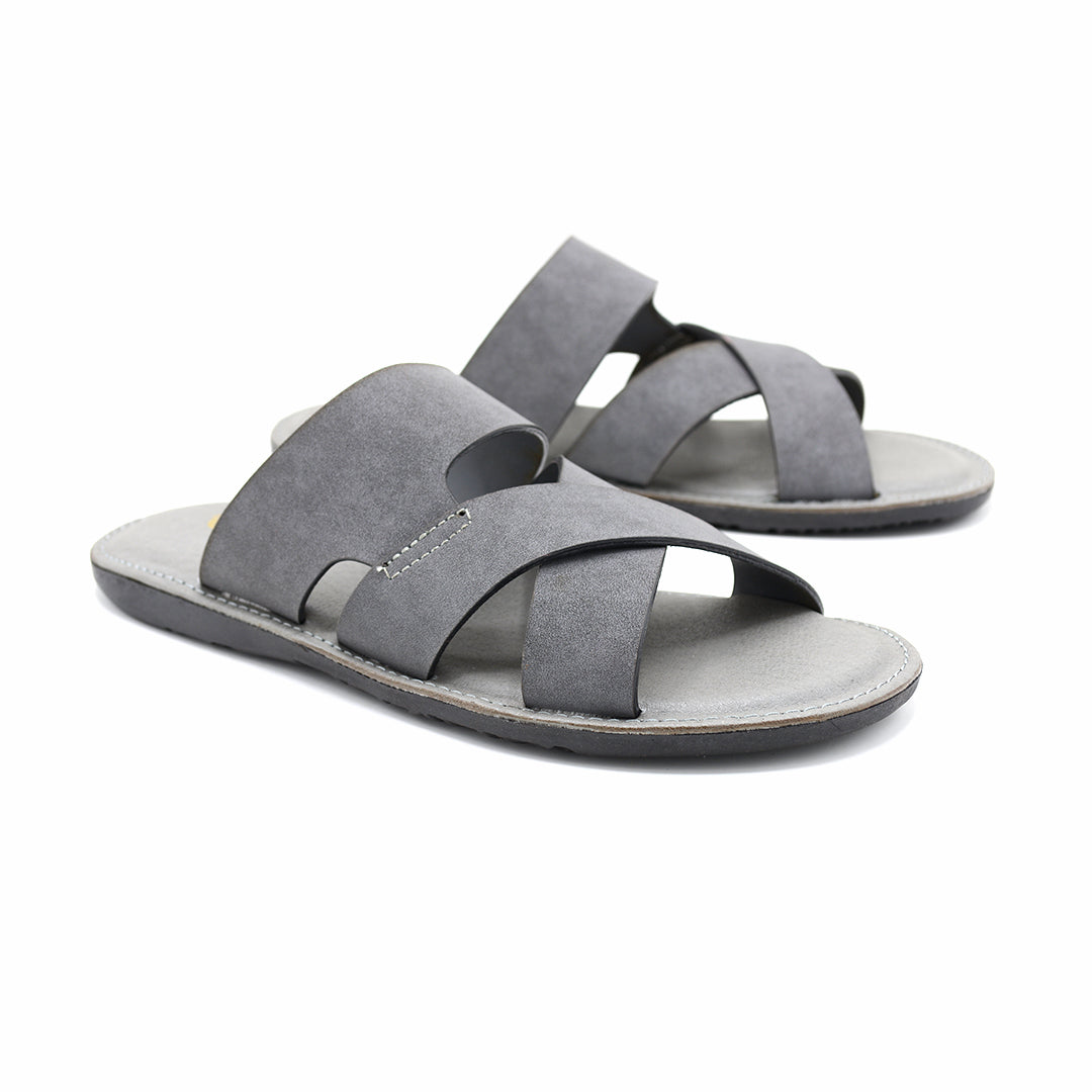 Cross-Strap Grey Suede Slide Sandals