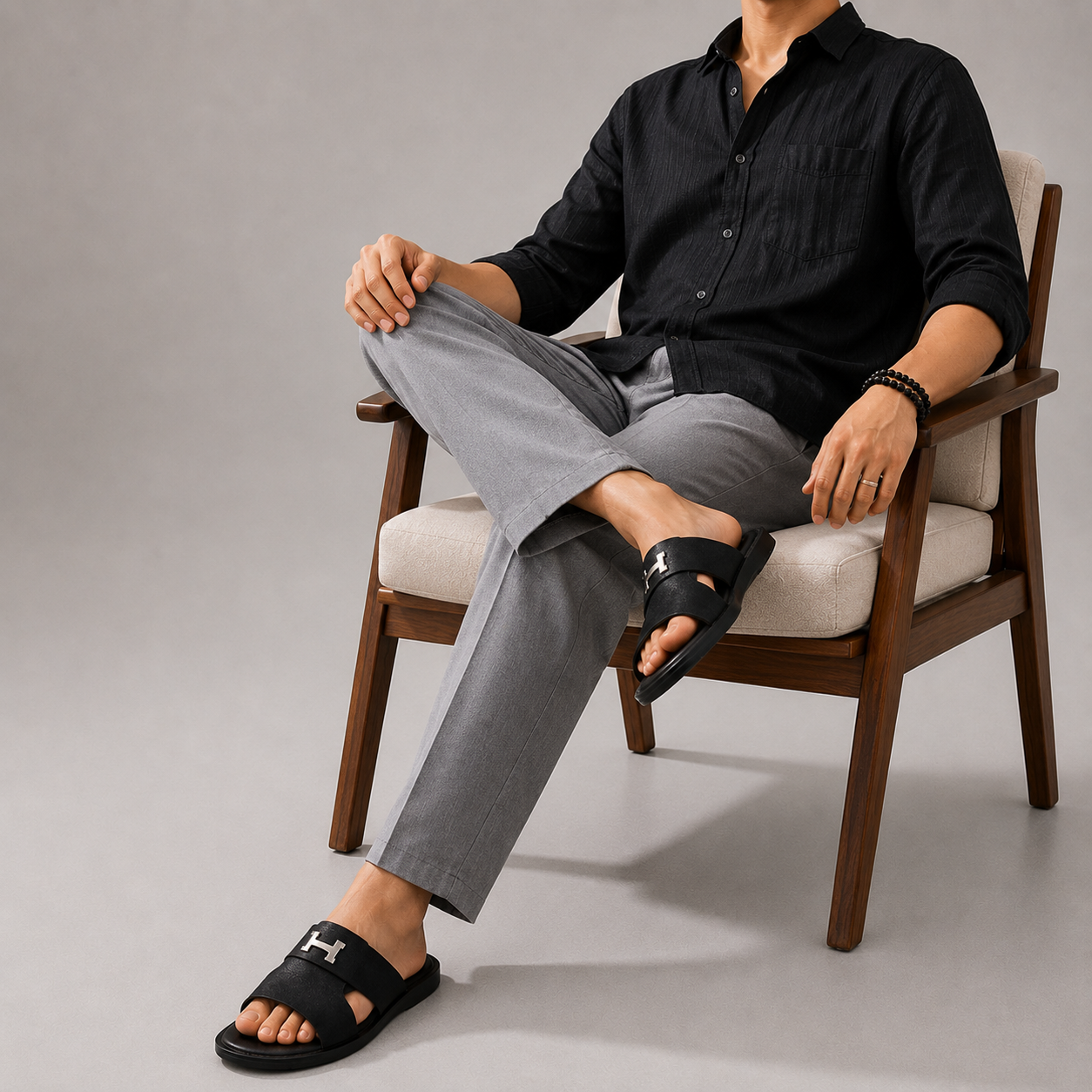 Black Suede H-Buckle Slide Sandals