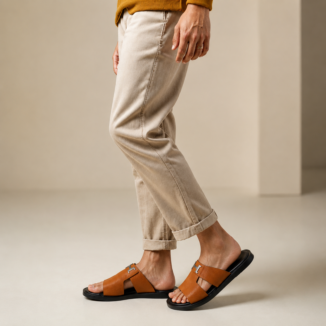 Men's Tan H-Buckle Leather Slide Sandals