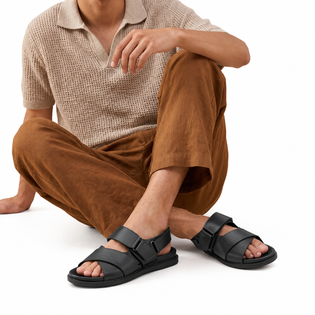 Black Leather Cross-Strap Velcro Comfort Sandal