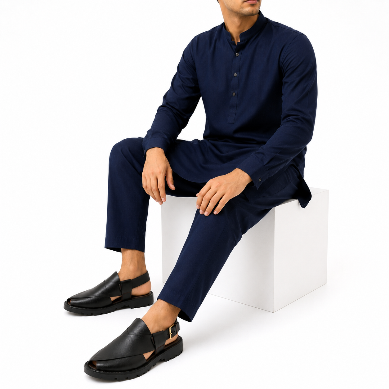 Black Leather Peshawari Chappal With Gold Buckle