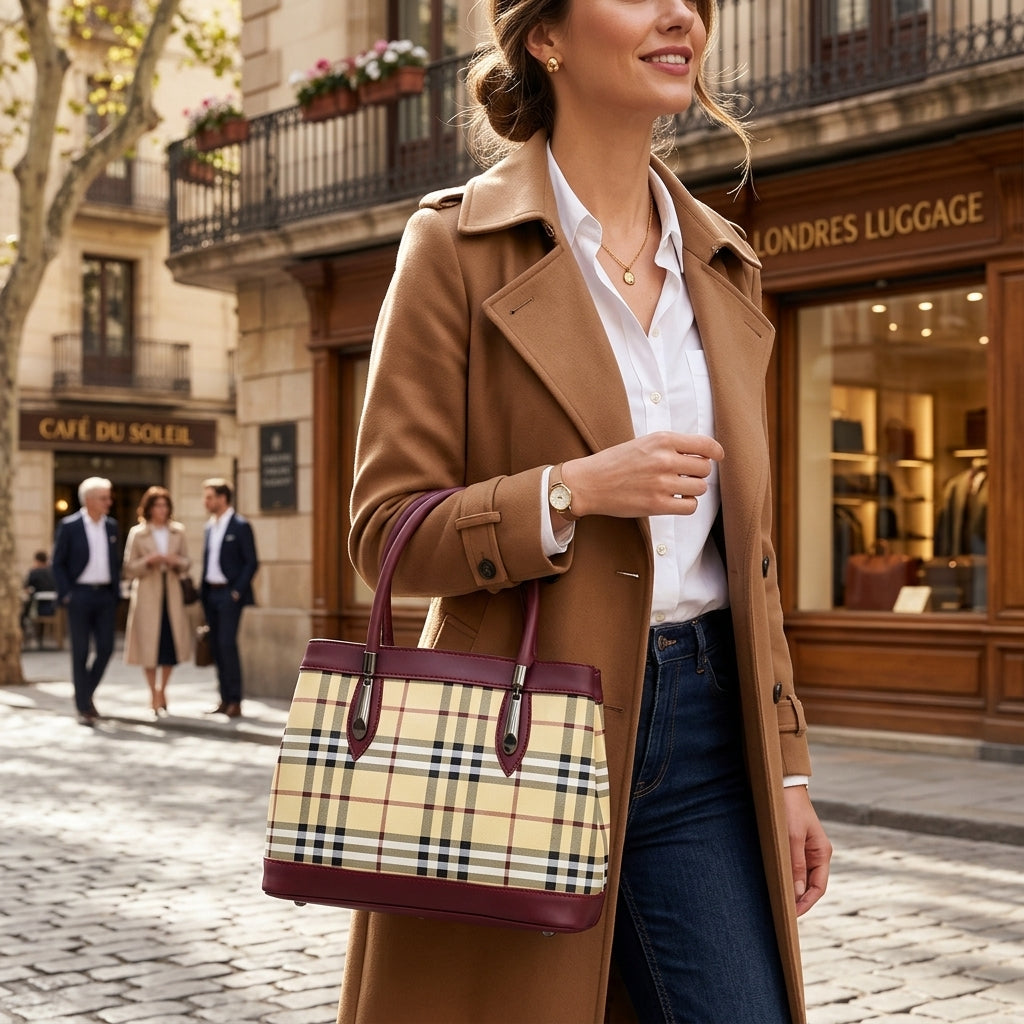 Classic Plaid Tote Bag – Beige & Burgundy