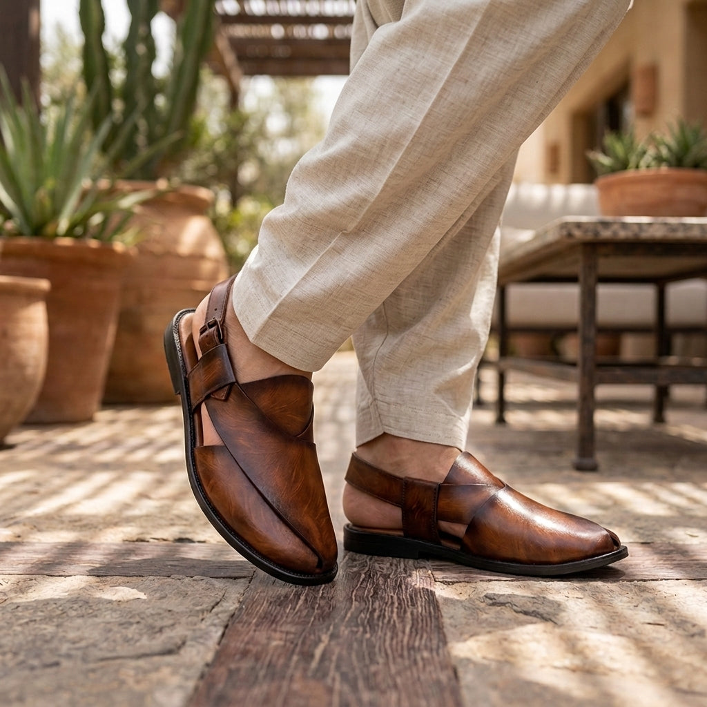 Textured Brown Peshawari Chappal – Feetall display picture 1