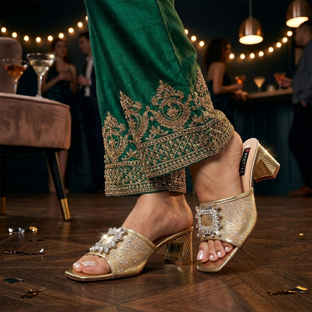 Crystal Buckle Block Heel Sandals