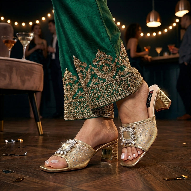 Crystal Buckle Block Heel Sandals