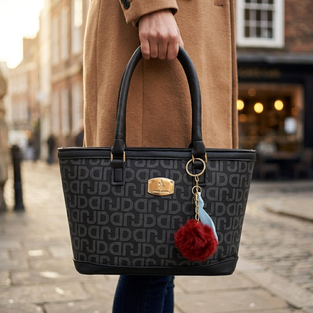 Classic Monogram Black Tote Bag with Red Fur Charm