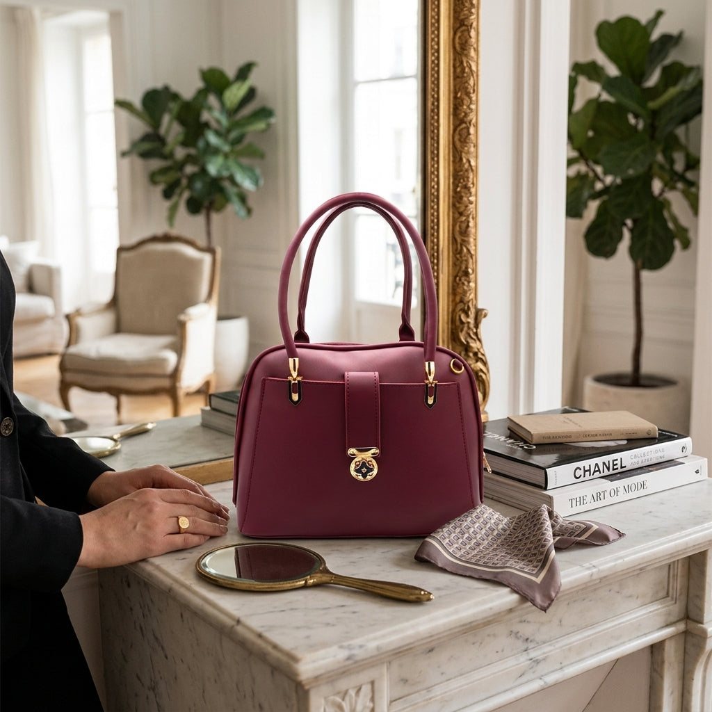 Elegant Maroon Handbag with Gold Accent Lock