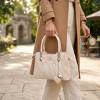 Glossy Beige Swirl Pattern Handbag with Charm