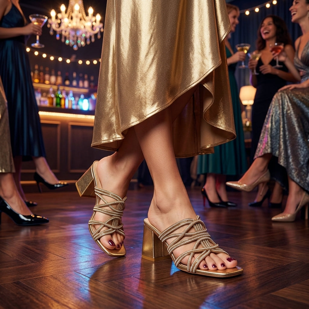 Strappy Metallic Block Heel Sandals