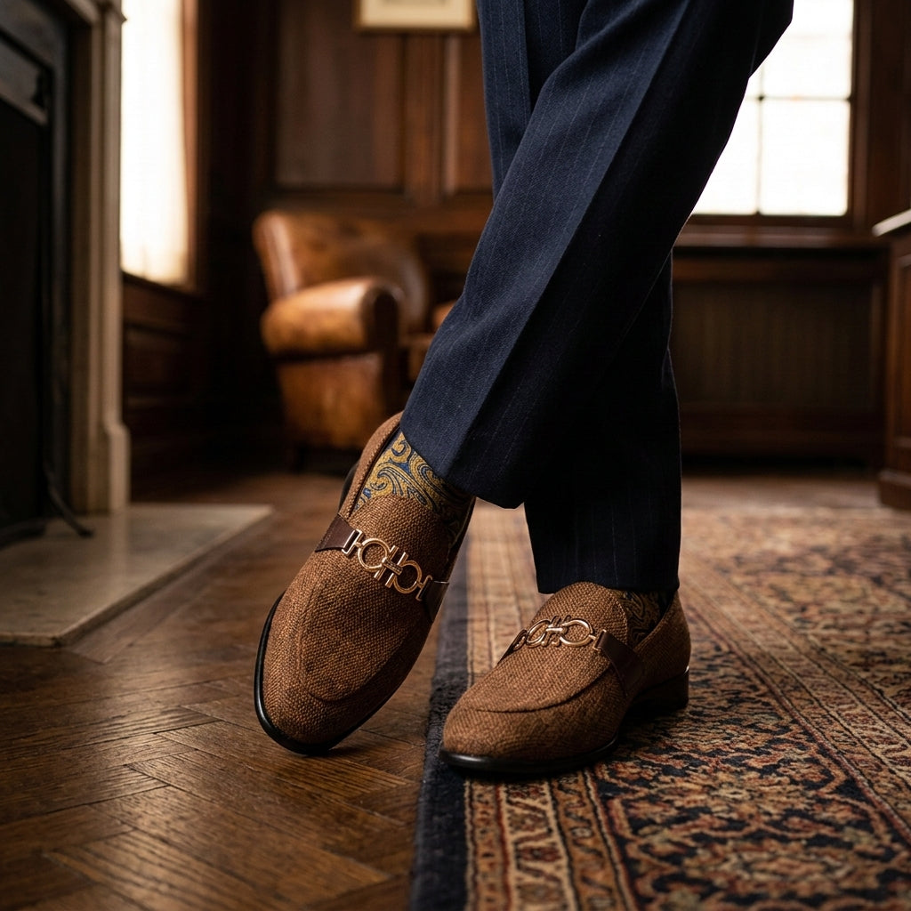 Brown Woven Loafer with Gold Bit Detail