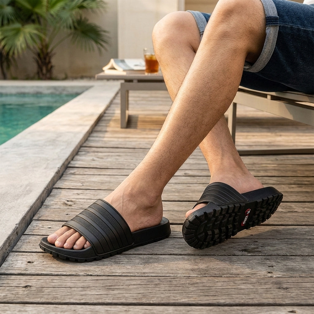 Black Textured Comfort Slip-On Slides