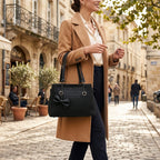 Black Croc-Textured Handbag with Bow Charm
