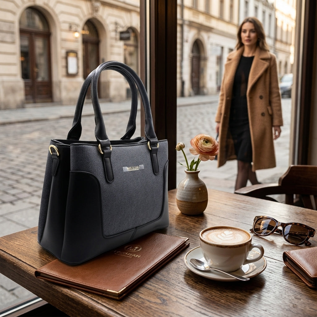 Classic Black & Charcoal Structured Tote Handbag