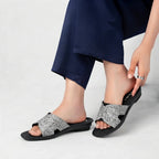 Silver Glitter Slide Sandals With Black Sole