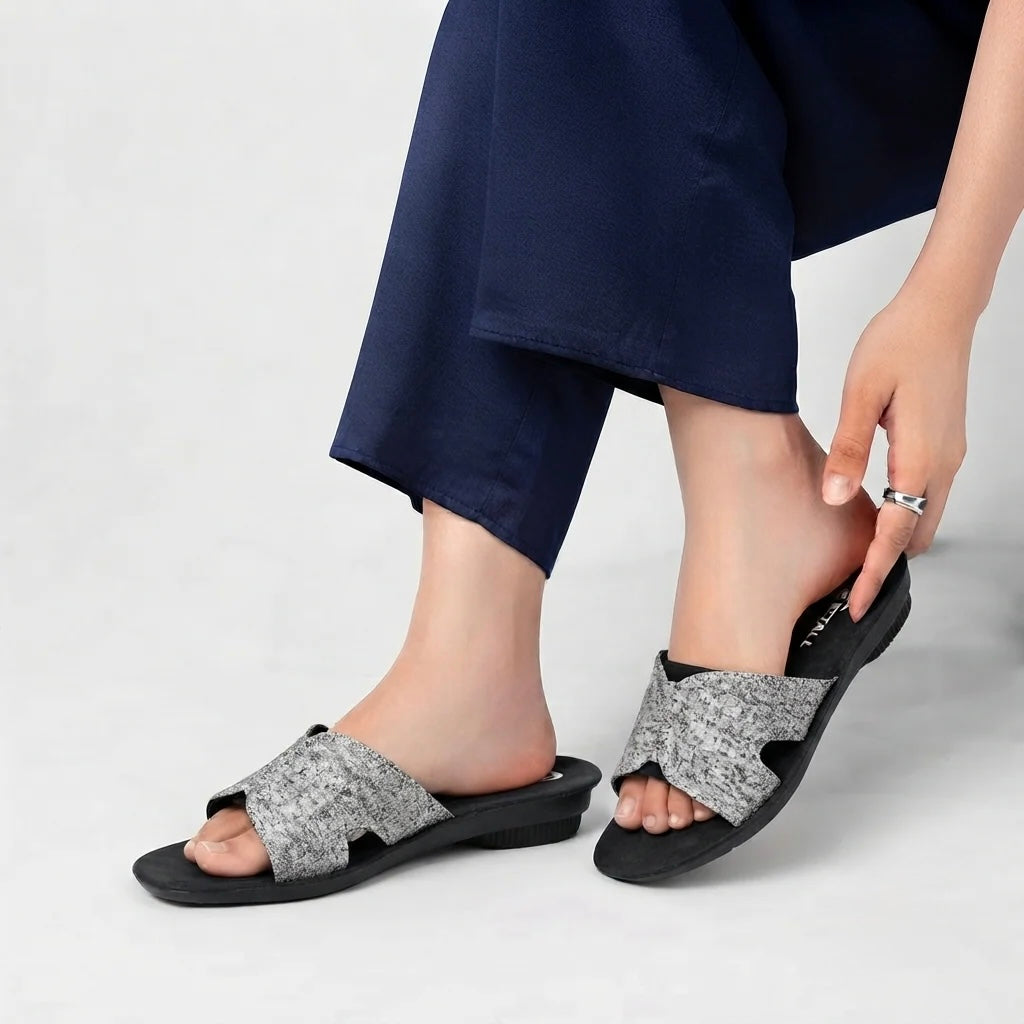 Silver Glitter Slide Sandals With Black Sole
