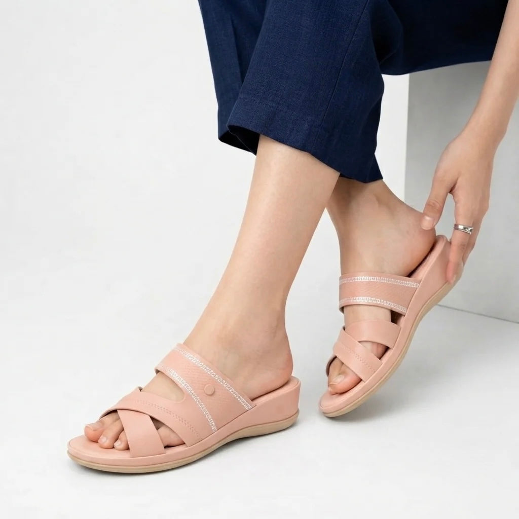 Blush Elegance Cross-Strap Wedge Slide