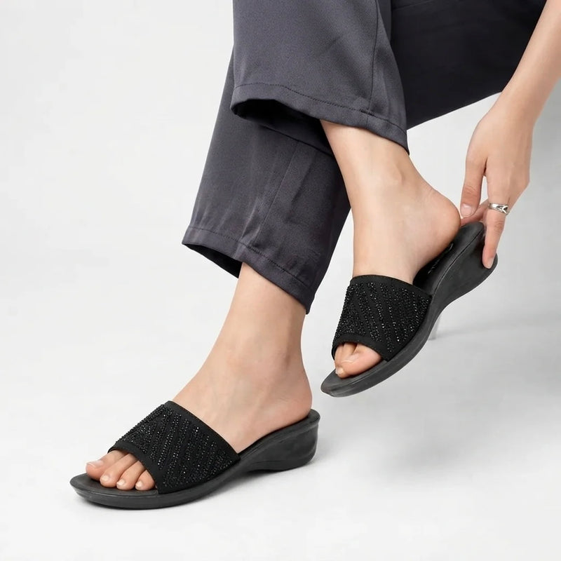 Glam Rhinestone Slide Wedge Sandal Black