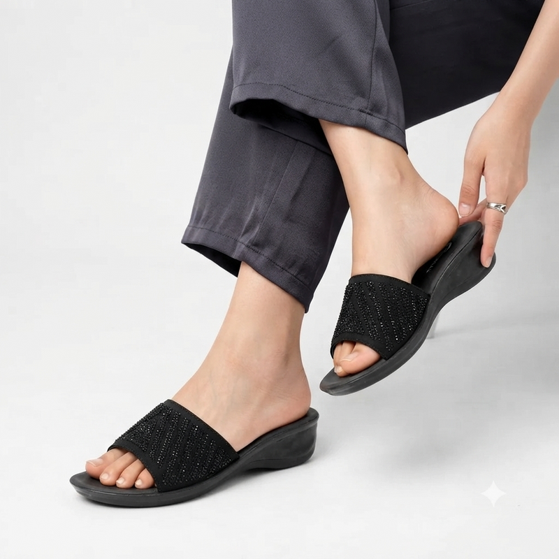 Glam Rhinestone Slide Wedge Sandal Black