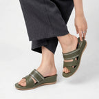 Olive Wedge Cross-Strap Slide Sandal