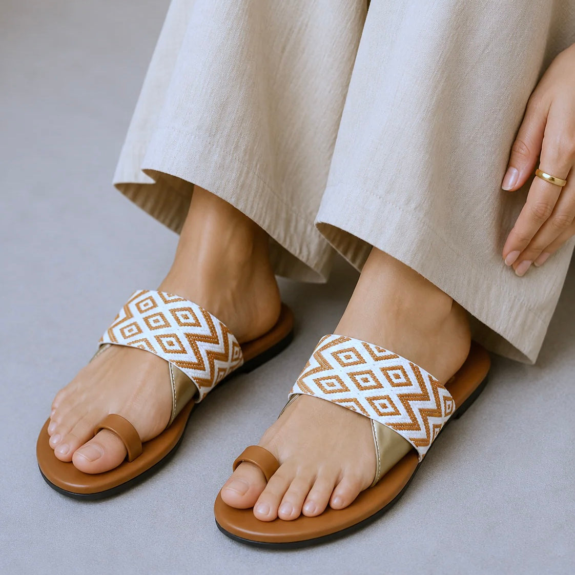Geometric Woven Strap Toe-Ring Flat