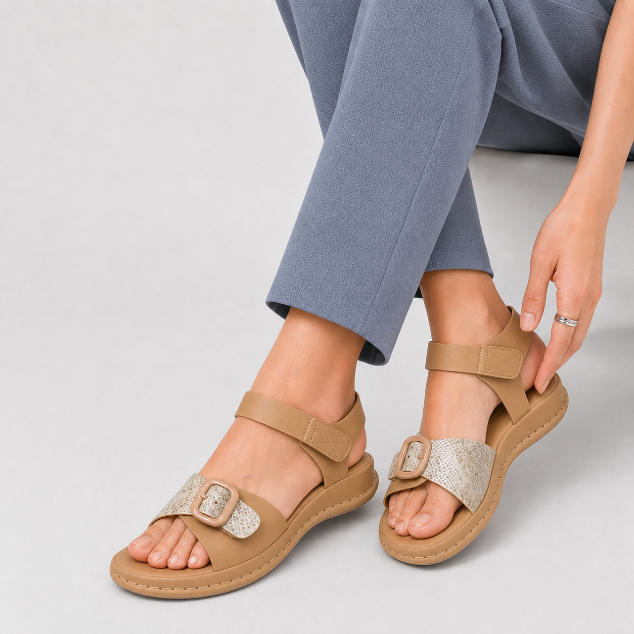 Beige Buckle Strap Comfort Platform Sandal