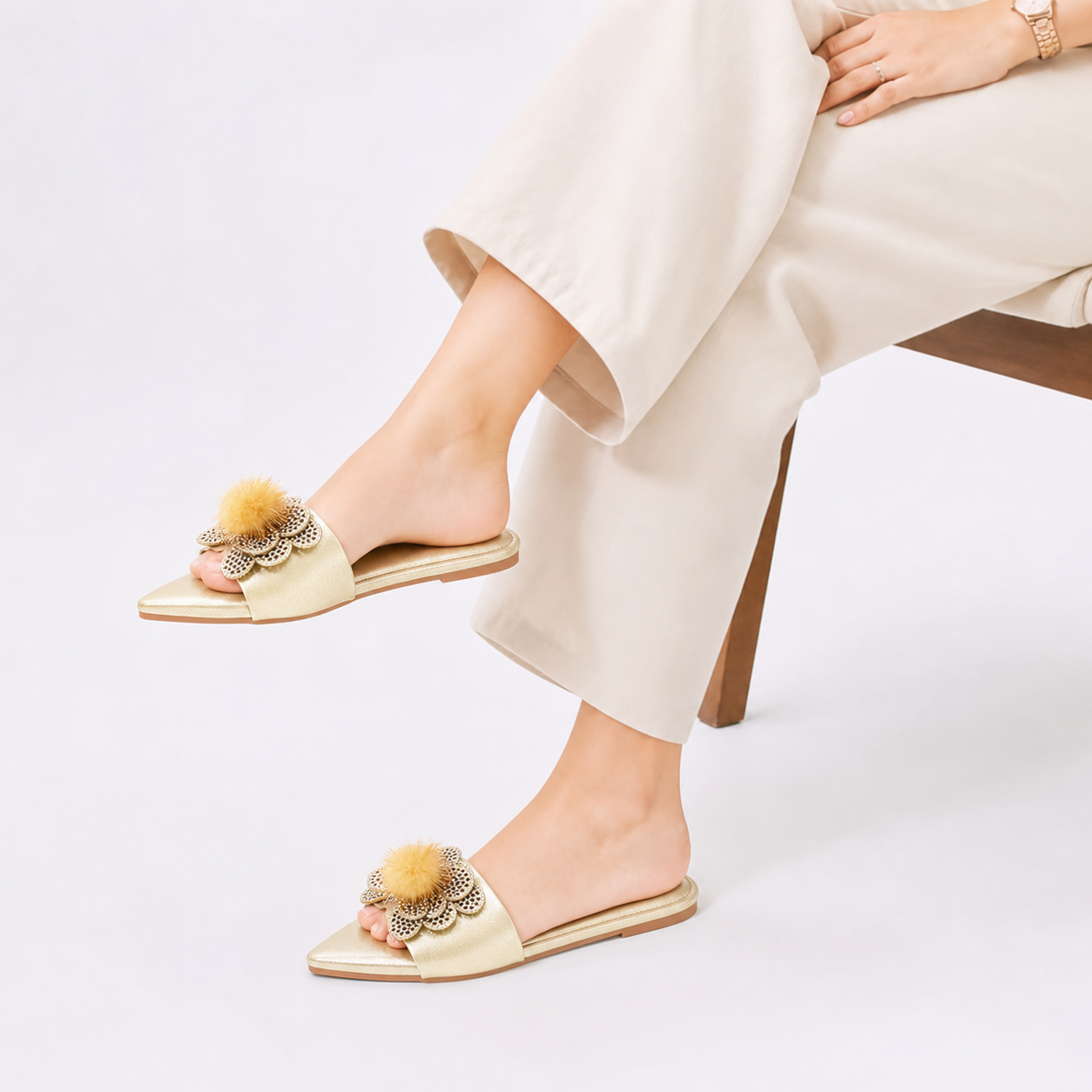 Celeste Crystal & Pom-Pom Pointed Slide