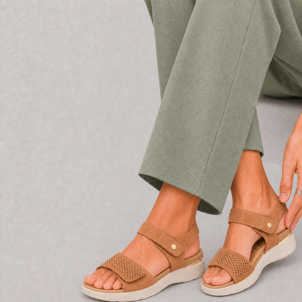Tan Suede Wedge Sandal with Gold Accent