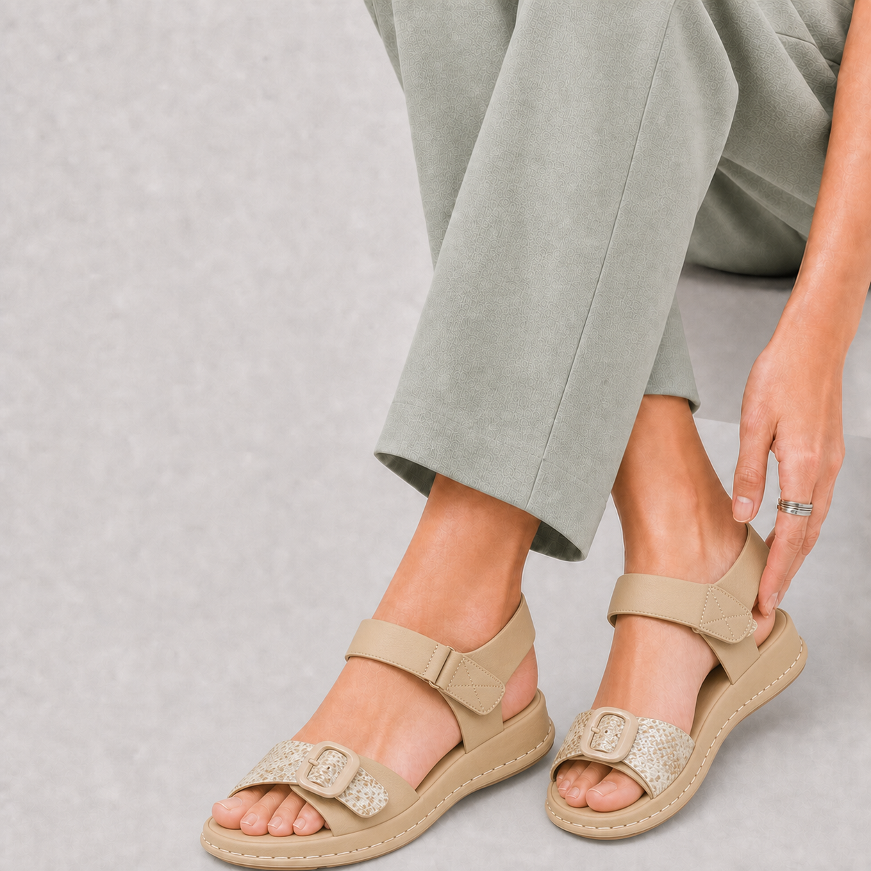 Camel Buckle Comfort Sandal with Ankle Strap