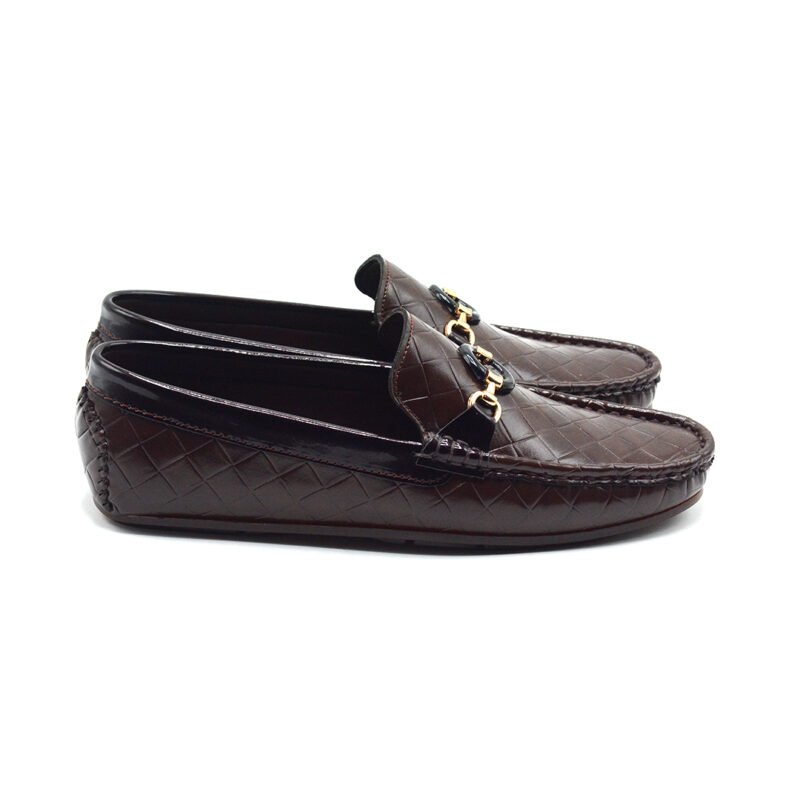 Dark Brown Leather Loafers with Woven Pattern and Golden Buckles