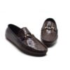 Dark Brown Leather Loafers with Woven Pattern and Golden Buckles